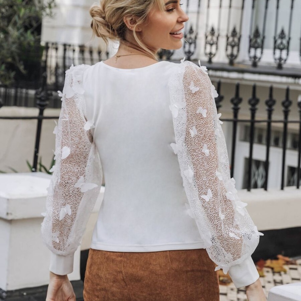 white butterfly square neck sheer long sleeve top - Picture 3 of 4